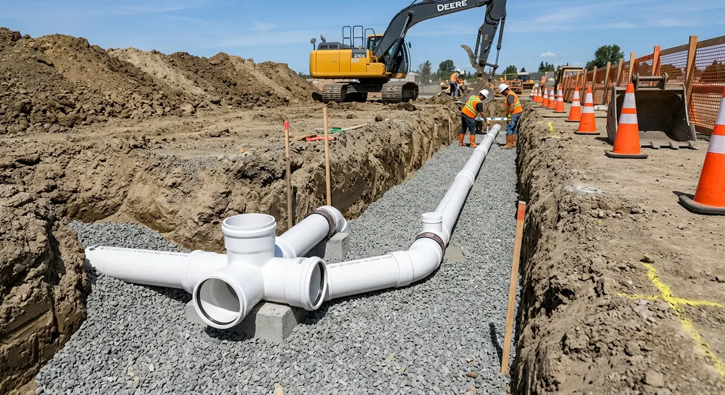 New PVC sewer pipe installation in open trench for Commercial Drain Cleaning in Dardenne Prairie
