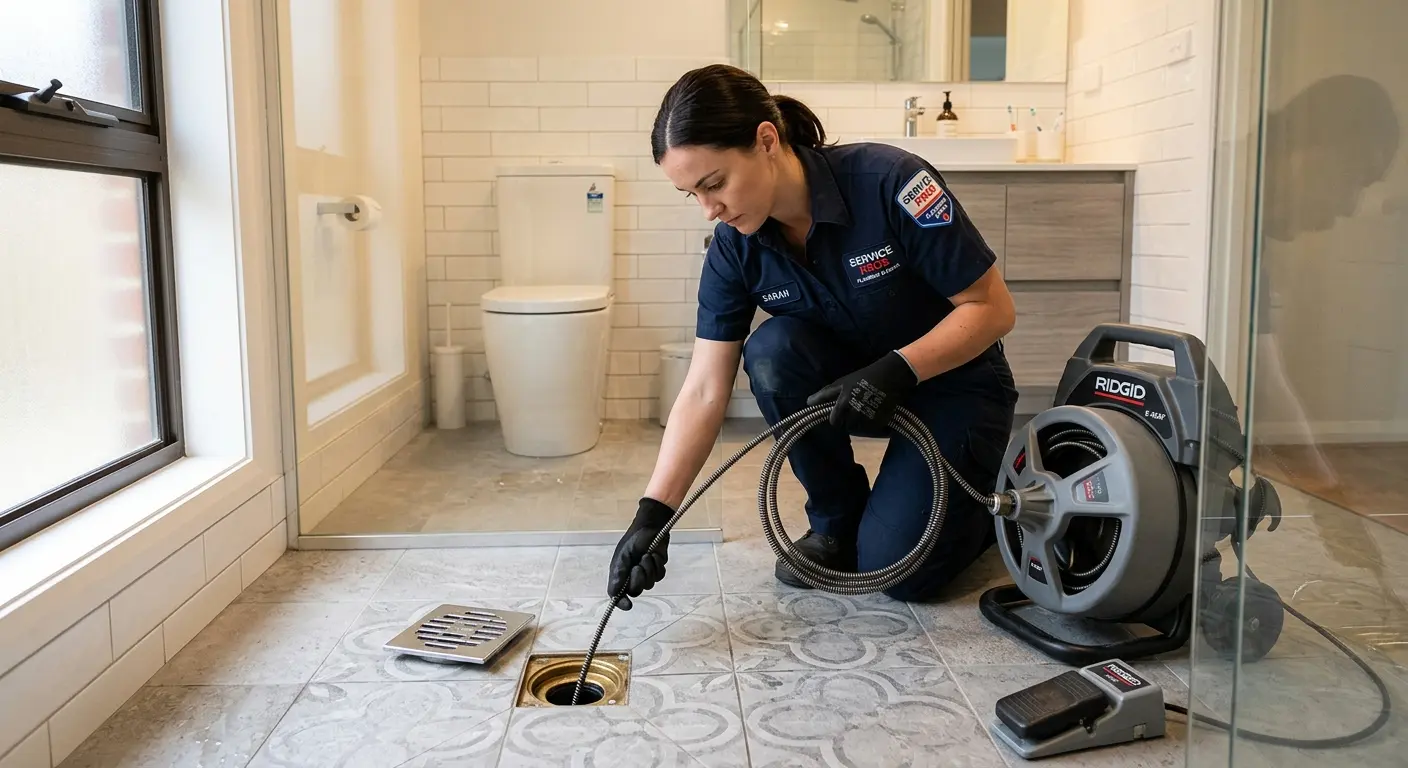 Technician clearing a bathroom floor drain for Clogged Drain Repair in Dardenne Prairie